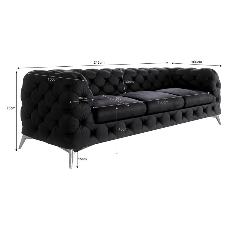Chesterfield Sofa  3 Seater with Silver Metal Legs, Black