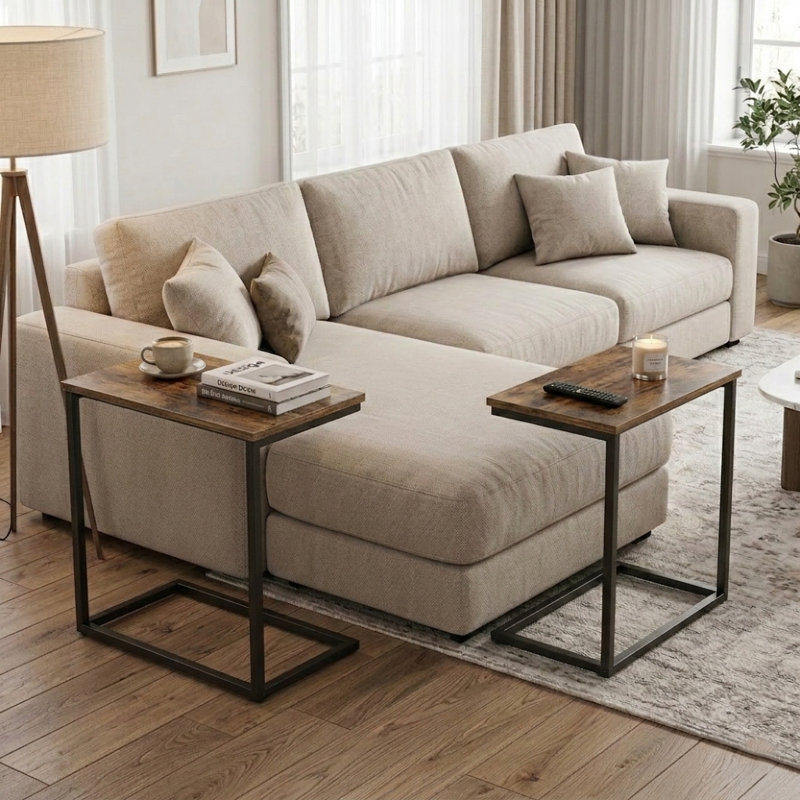 20.5'' End Table Wood C Table With Metal Base, Side Table Set (Set of 2) For Living Room, Bed Side, Brown Top/Black Base