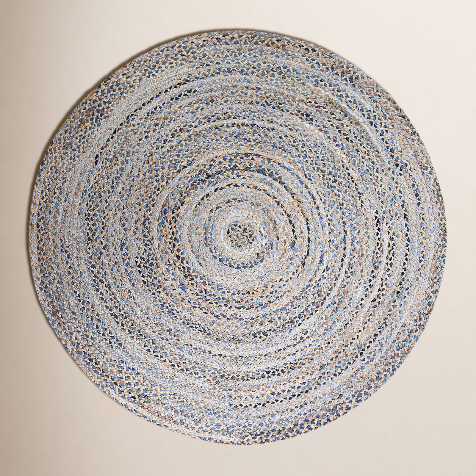 Blue Tan Round Handwoven Geometric Jute Rug, Round 6'