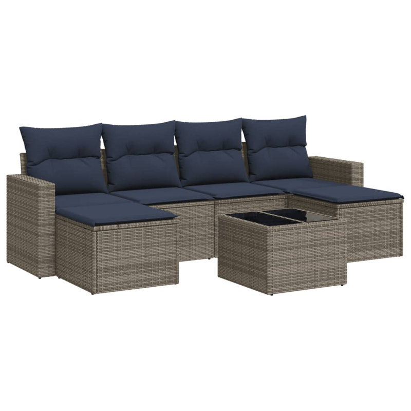 Ensemble de canapé de patio 7 pièces avec coussins en rotin de polyester, Marine, Gris