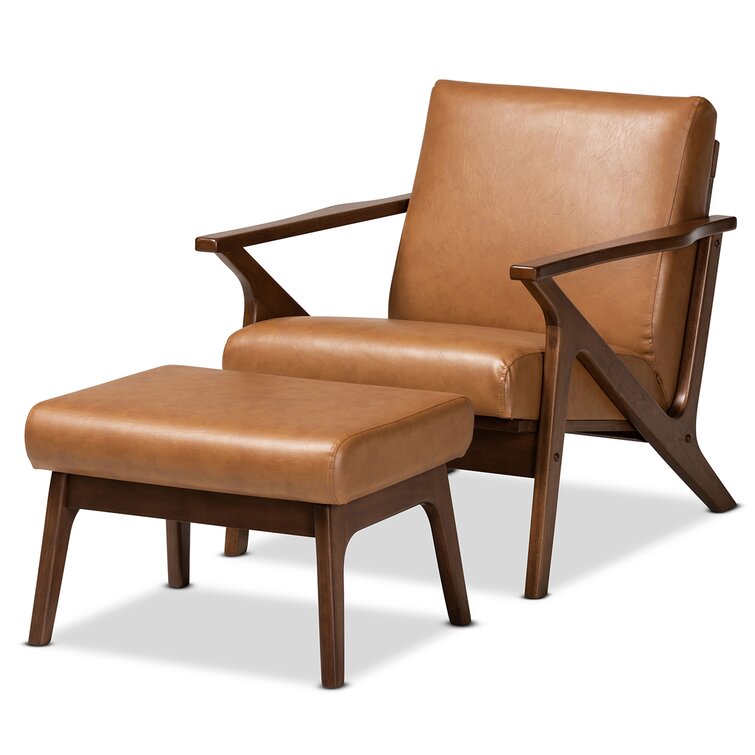 Mid-Century Modern Leather Swivel Lounge Chair With a Footstool –