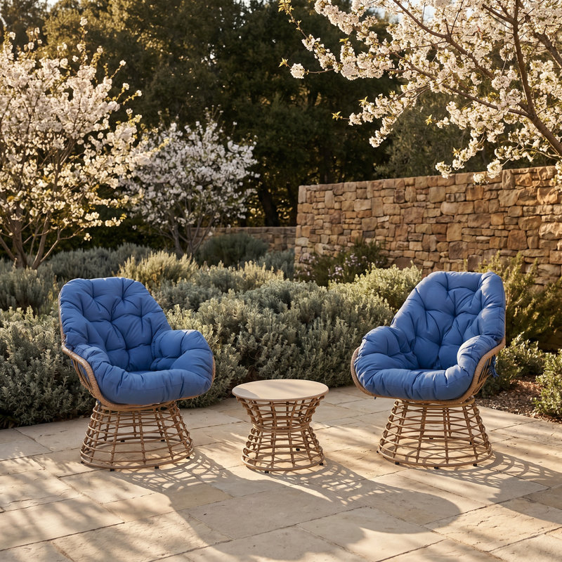 Chaises longues pivotantes en osier pour 2 personnes avec table d'appoint ronde et coussins, Bleu