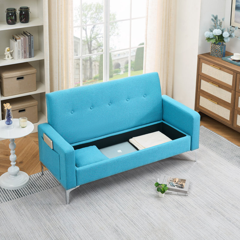 57" Modern Loveseat Sofa With Throw Pillows And Storage, Blue Fabric