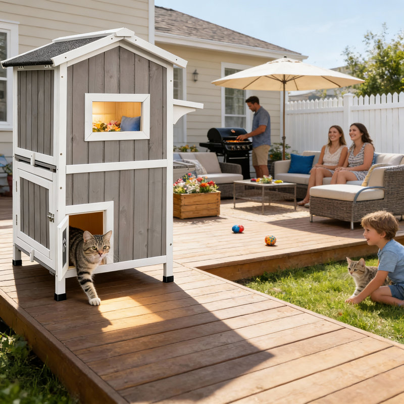 Maison pour chat extérieure en bois à 2 étages résistante aux intempéries avec plateformes de saut, plancher surélevé et toit en asphalte, gris