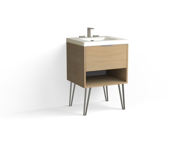 Modo 24" W Freestanding Single Bathroom Vanity with Dawson Leg, Matte White/8" Widespread, Biondo, Satin Nickel