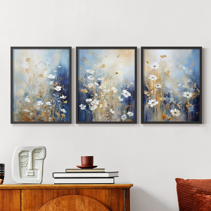 Floral Study  Series  XC  -Set Of 3 Framed Giclee Prints -Ready to Hang, 14" H x 33" W, Black