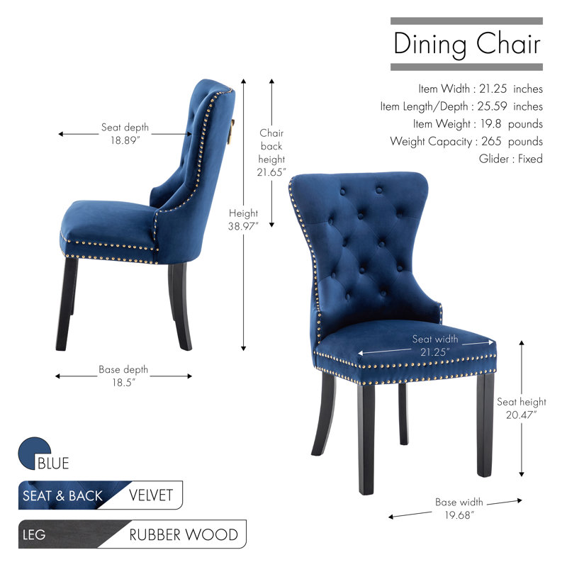 Gislene Tufted Velvet Dining Chair with Rubberwood Legs, Blue Velvet, Black