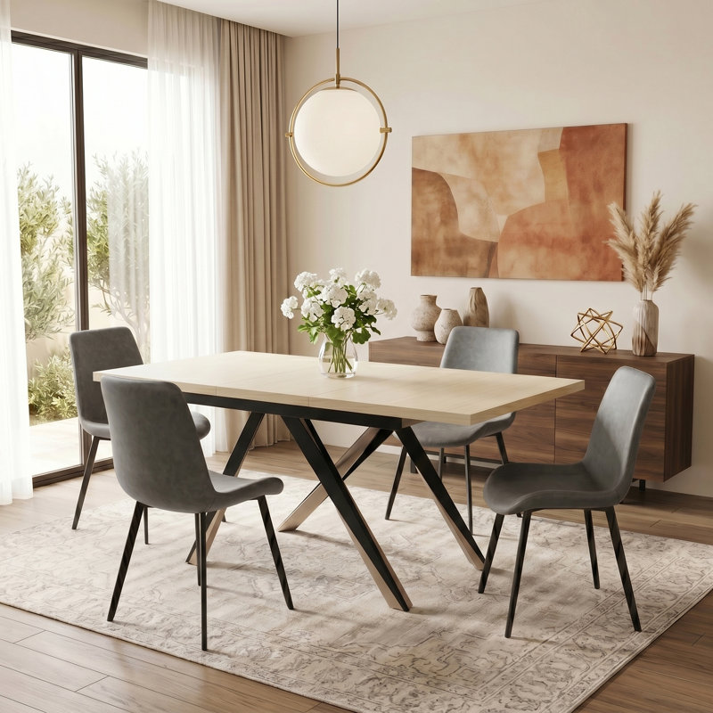 Modern Kitchen Dining Table Set, Extendable Table with Upholstered Dining Chairs, 6 Pieces: Table, 5 Chairs, White