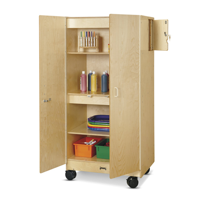 Large Beige Wood Mobile Storage Cabinet with Lockable Doors