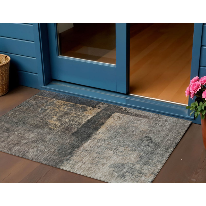 3' X 5' Coffee Black And Beige Abstract Washable Indoor Outdoor Area Rug