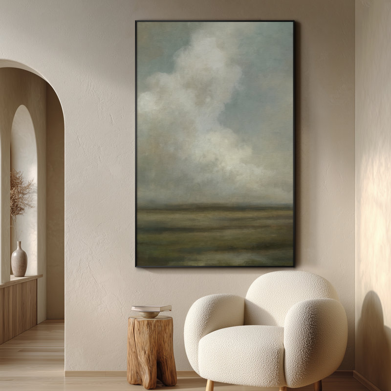 Extra Large Serene Cloudy Sky Landscape Wall Art Print - Neutral Soft Tone Artwork Vintage Decor for Living Room or Bedroom, Frame Assembly Required (Frame Assembly Required)