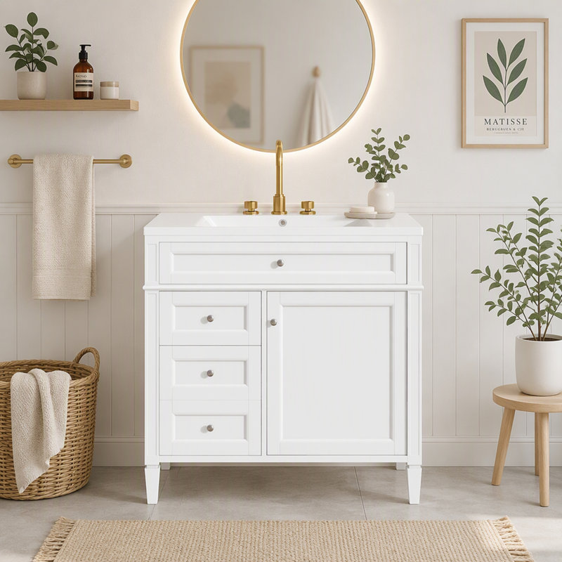 Meuble-lavabo de 91 cm (36 po) avec lavabo en céramique, meuble autoportant avec 2 tiroirs et un tiroir basculant, structure en bois massif et MDF, style rétro, bleu