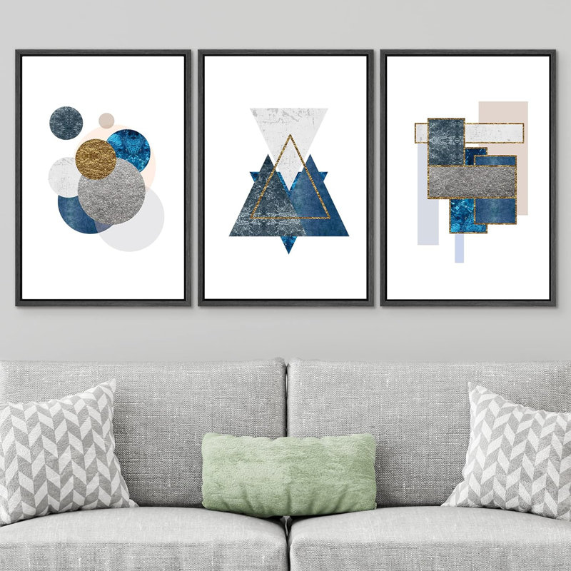 Reproduction géométrique abstraite encadrée sur toile Mid Mid Century, H 24 po x l 48 po x P 1,5 po, Noir
