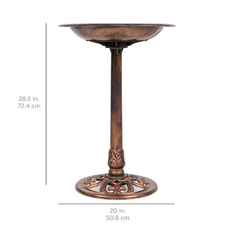 Mccleskey Outdoor Rustic Pedestal Bird Bath Accent for Garden, Yard w/ Fleur-de-Lis Accents, Copper