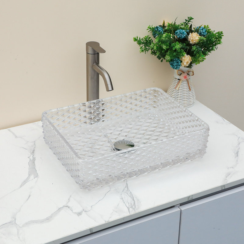 17 1/3" L x 13" W Rectangular Diamond Shaped Crystal Glass Vessel Bathroom Sink