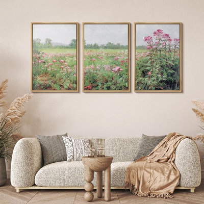 " Floral Bliss Wild Pink Flowers, Serene Meadow Nature Wilderness Illustration Decor " 3 - Pieces