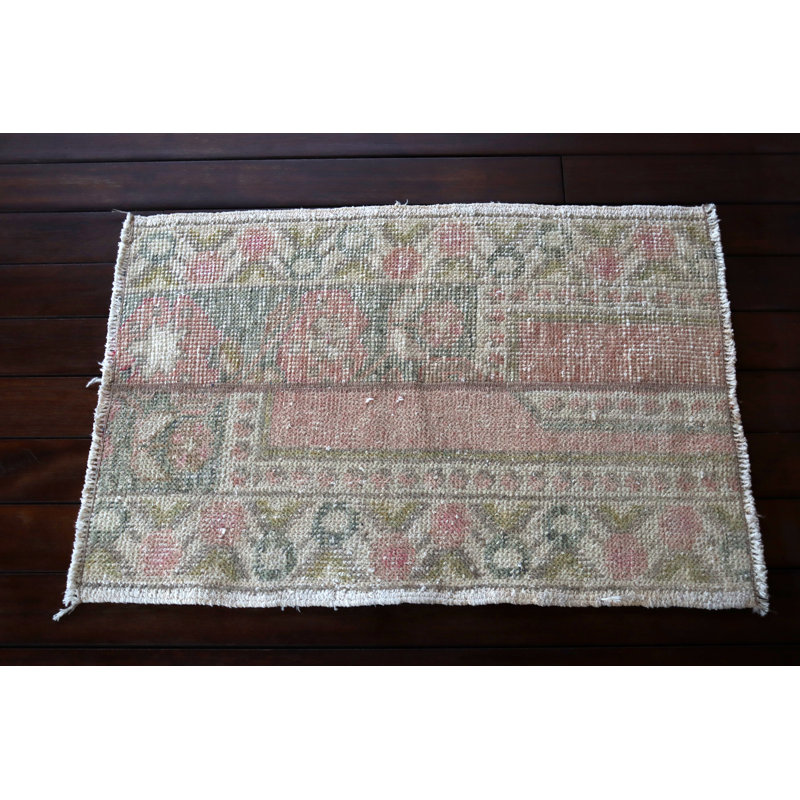 Handmade Turkish Small Rug With Vintage Oushak Design and Floral Pattern For Entryway and Boho Decor