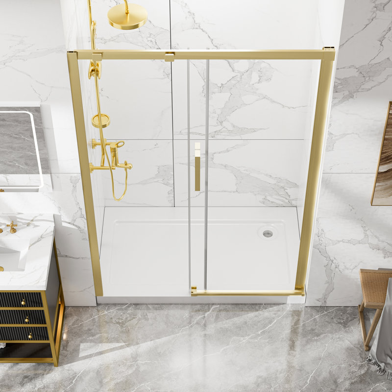 44"-48"W X 74"H Single Sliding Semi-Frameless Shower Door With Clear Glass, Brushed Gold