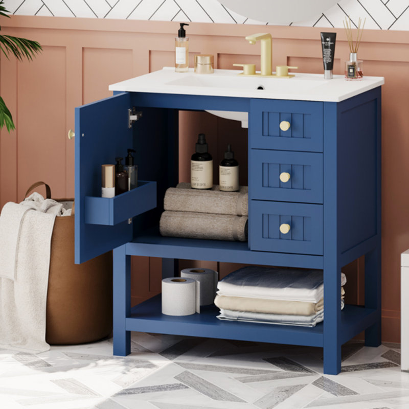 30Inch Transitional Style Bathroom Vanity Cabinet Combo With Ceramic Sink, Bathroom Vanity, Blue