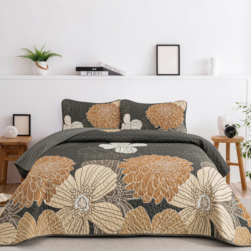 Ensemble de courtepointe 3 pièces avec imprimé floral, Courtepointe pour lit grand + deux taies décorati, Noir / brun