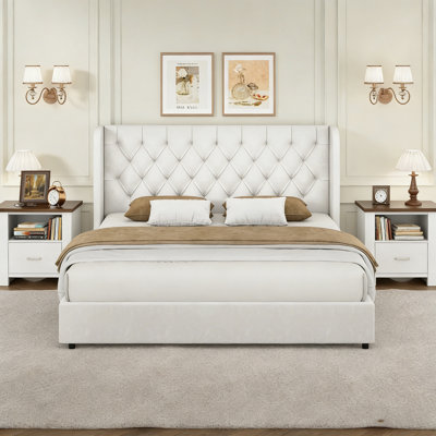Upholstered Platform Bed with Curved Velvet Wingback & Farmhouse Open Wooden Frame Nightstand, Country Style Side Table for Bedroom & Living Room