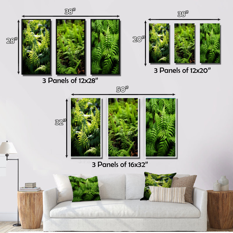 «Green Fern Fond», 3 pièces sur toile, Toile tendue, H 32 po x l 48 po