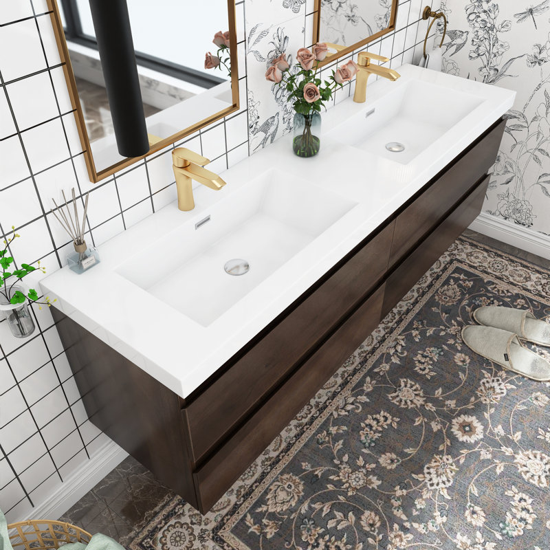 Meuble-lavabo mural à double cuve avec plateau en marbre de 72 po Margueritt