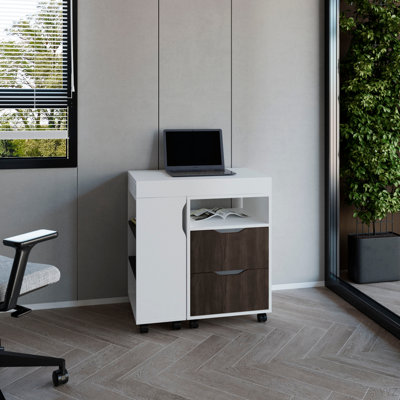 Bureau extensible, 2 tiroirs, 4 tablettes, 4 roulettes