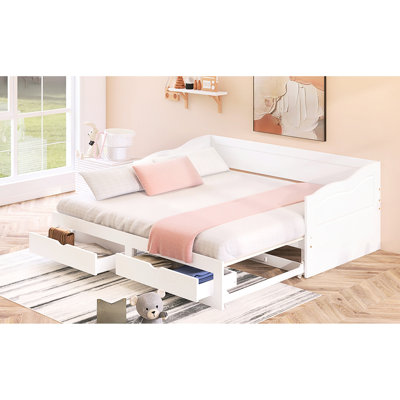 Wooden Daybed With Trundle And Two Storage Drawers, Extendable Twin To King, Pine Frame Build, White, Suitable For Guest Room Furnishings, No Box Spring Needed Frame, Space,