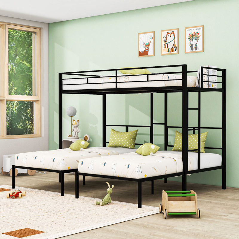 Lit superposé simple au-dessus de simple et simple en L avec table d'appoint et échelle intégrées
