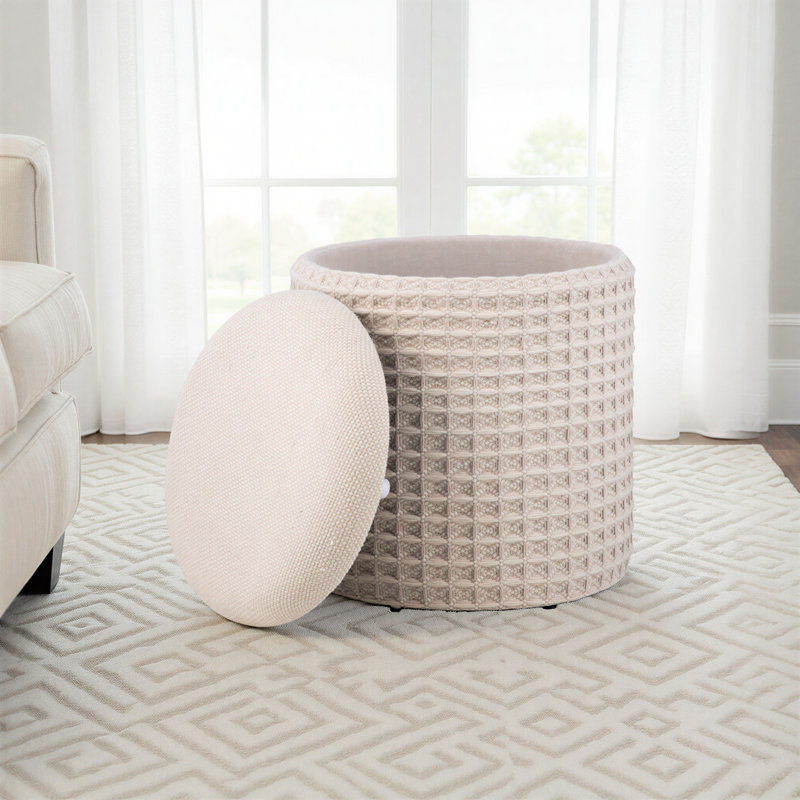 Elegant Ivory 16" Round Storage Ottoman with Hidden Compartment, Ivory Cotton