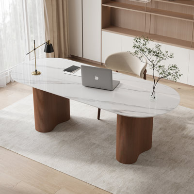 Bureau 71 po avec pieds à double colonne romaine brune, bureau d'écriture et faux marbre moderne