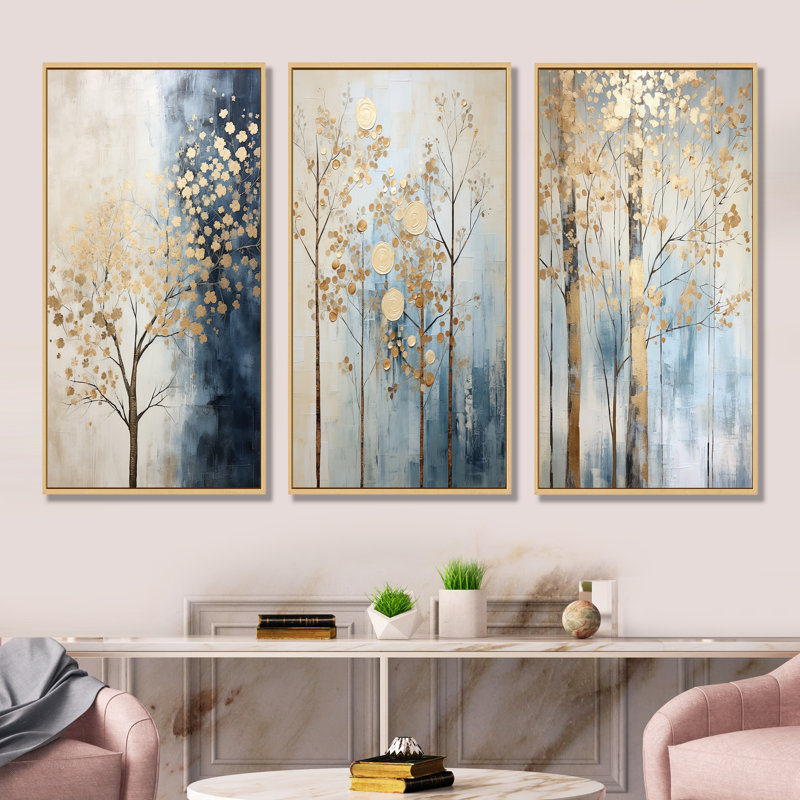 Or et bleu, trésors, paysages, arbres, ensemble de 3 impressions sur toile, Cadre flottant brun, H 40 po x l 60 po