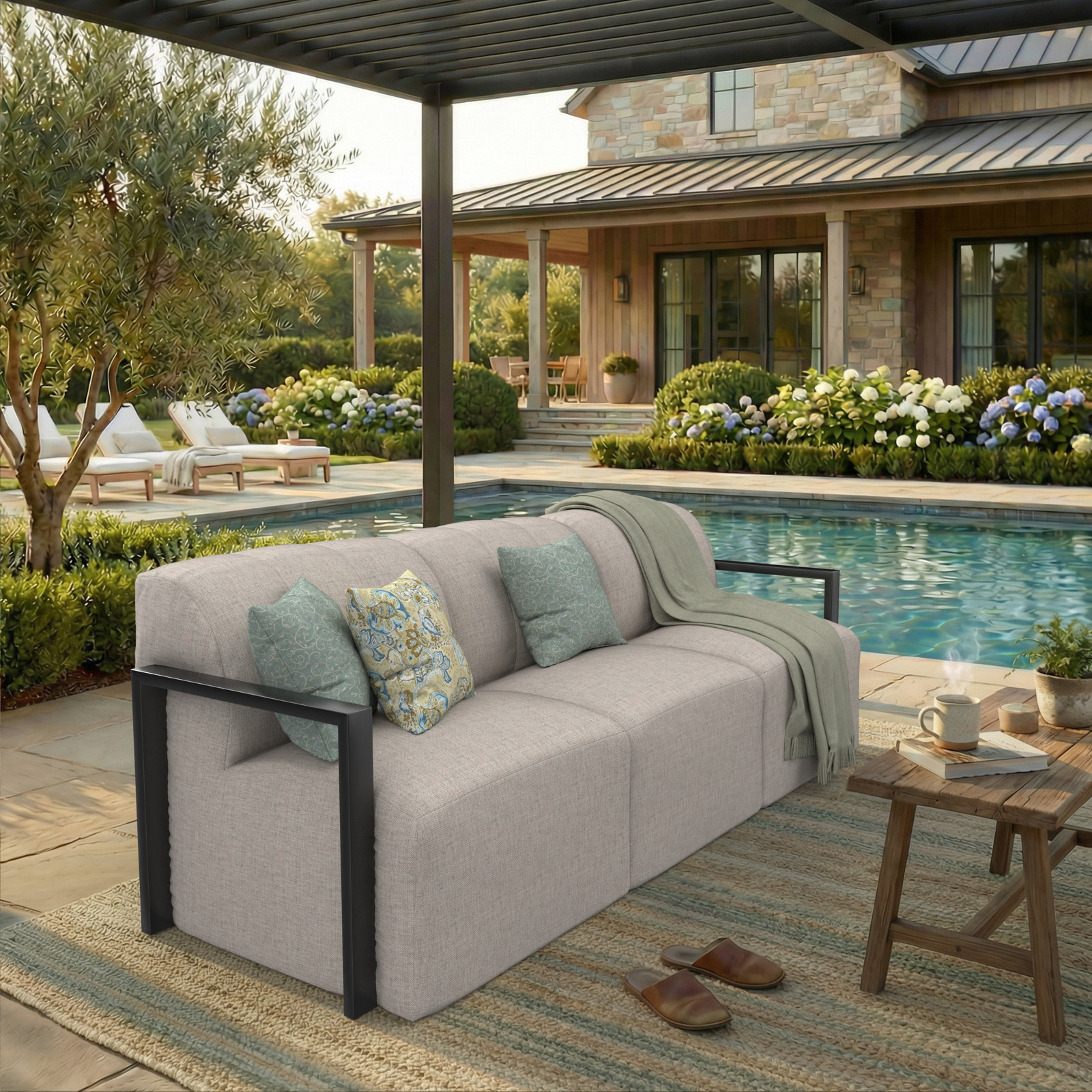 Rosalie Outdoor Sofa With Sunbrella Cushions And Aluminum Arms, Silver