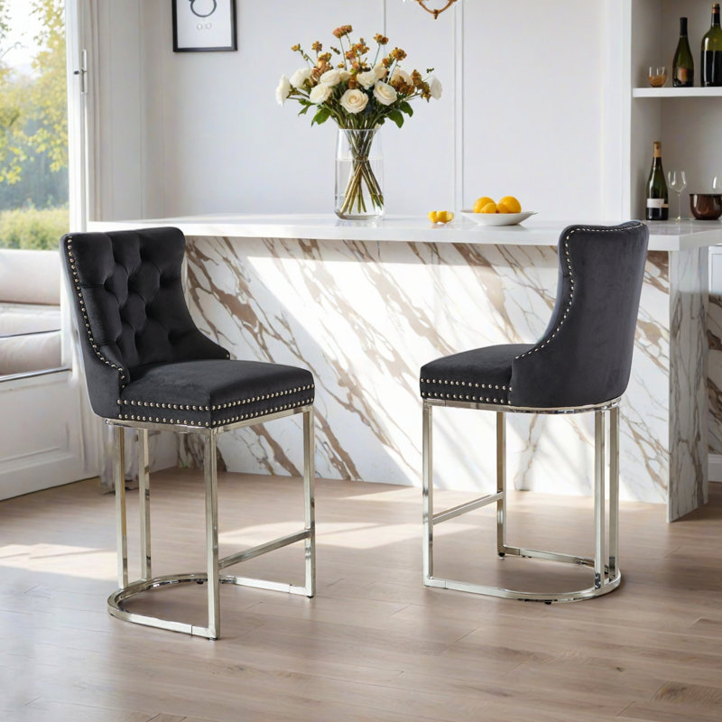 Ensemble de 2 tabourets de comptoir 26 po en velours moderne (ensemble de 2): dossier et garniture de rivets, parfait pour les îlots de cuisine