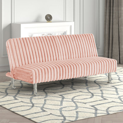 Pink Finish Futon Sofa Contemporary Style Easy Convert Into Bed With Extra Support Leg Armless Chrome Finish Base Legs