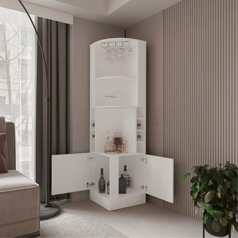 Armoire de coin blanche avec rangement pour bouteilles de vin et porte-verres