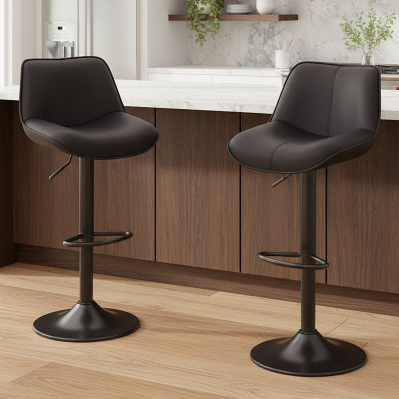 Modern Upholstered Faux Leather Swivel Adjustable Height Bar Stools Bar Stools with Footrest (Set of 2), Black