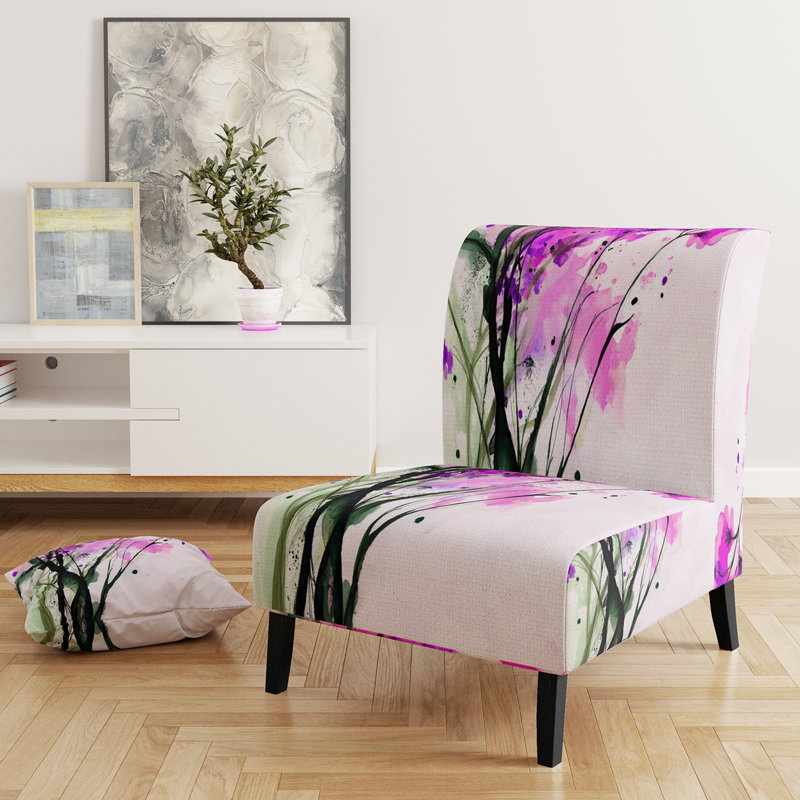 Abstract Orange Flowers - Upholstered Traditional Accent Slipper Chair, Pink/Black/White