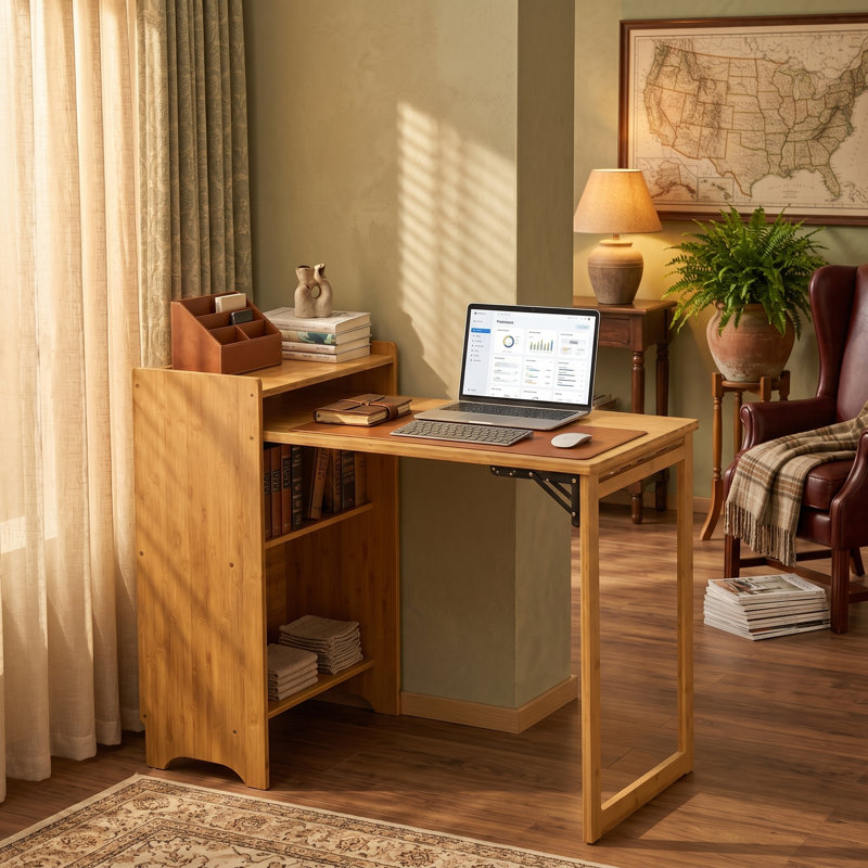 Bureau pliant moderne en bambou 39 po avec rangement, 33.45" H x 39.36" W x 20.87" D, Naturel