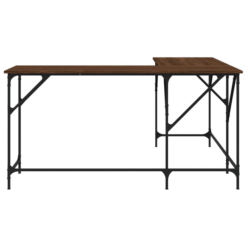 Aaina L-Shaped Metal Base Writing Desk, Brown Oak