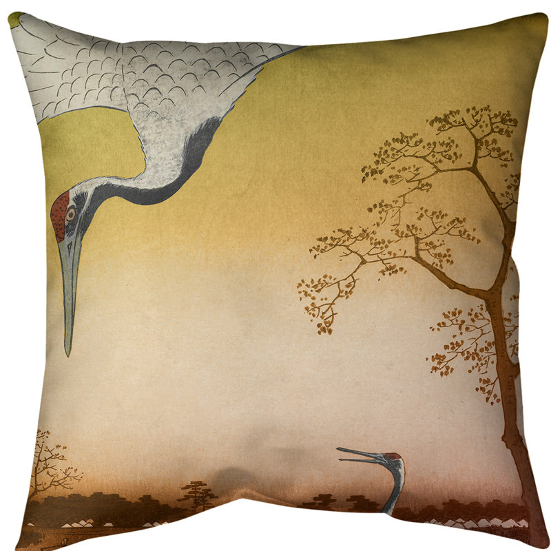 Housse de coussin en jeté japonaise grues, 20 po x 20 po, Dégradé orange, Sergé de coton