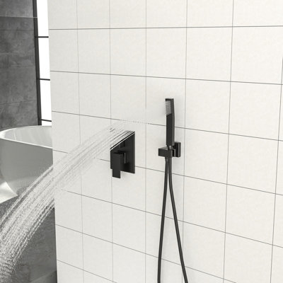 Pomme de douche double, fixation au plafond, carré de 10 pouces, noir mat, valve équilibrée Scald, installation facile, système de tête toutes pièces, réglable à 360 °, pluie, composants