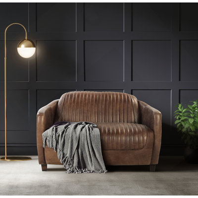 Retro Brown Grain Leather & Aluminum Loveseat