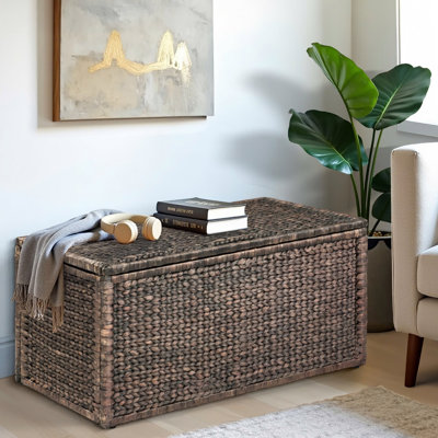Ved Heavy-duty Water Hyacinth Wicker Storage Trunk with 2 Safety Hinges and Metal Frame, 18.5" H x 42" W x 20" D, Brown Wash