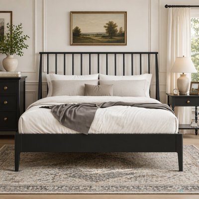 Grand lit plateforme en bois de bambou massif avec tête de lit de 46,5 po de hauteur, cadre de lit bohème avec lattes en bois et support en métal, style Mid-Century moderne, aucun sommier tapissier requis