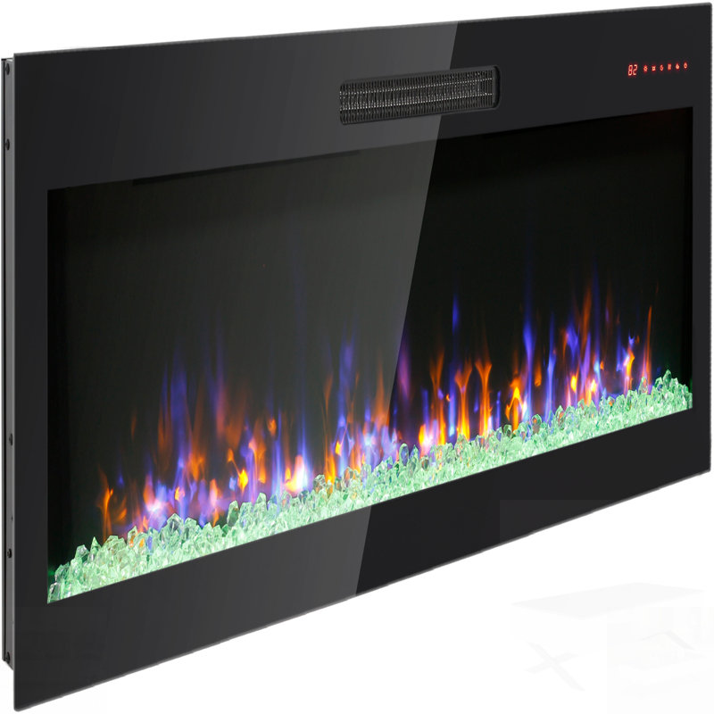 Recessed Thin Tempered Glass Electric Fireplace With Remote, Multi-Color Flames, And LED Light Heater For Modern Homes