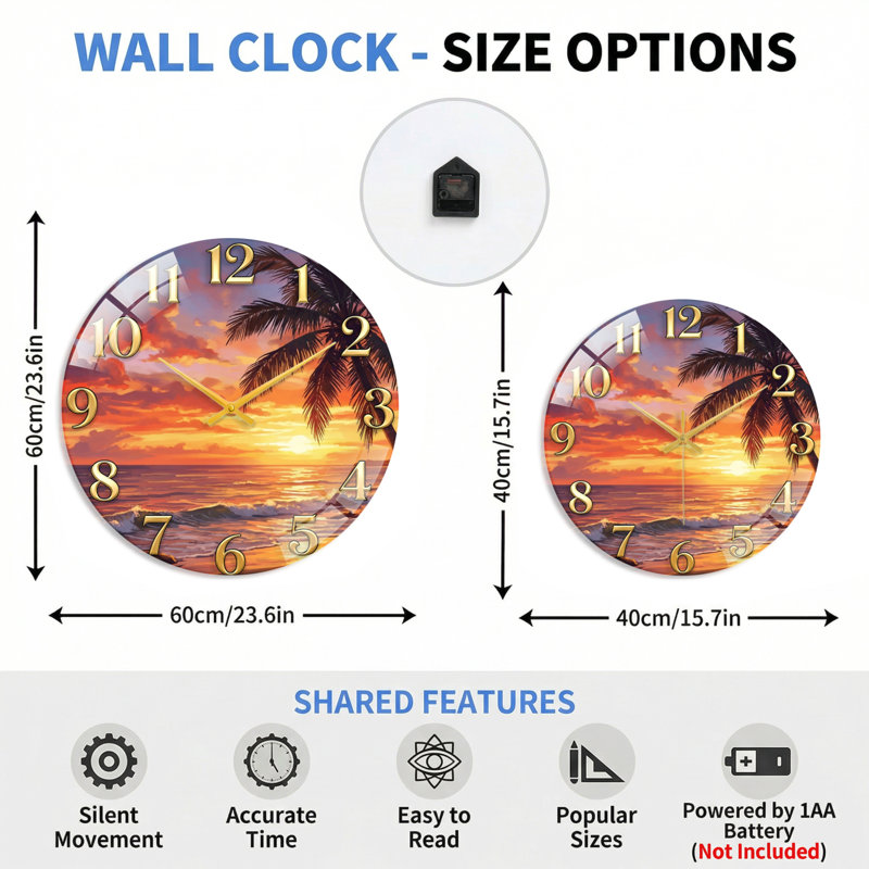 Horloge murale décorative moderne en verre Sunset Beach - 23,6 po, 60 x 60 cm (23,6 x 23,6 pouces)