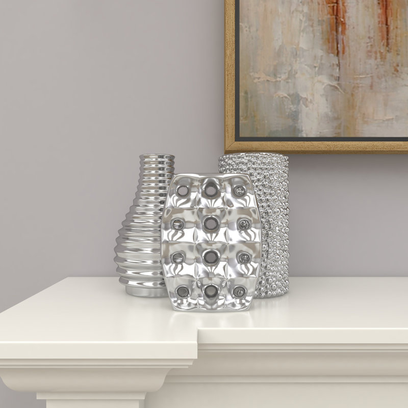 Ceramic Decorative Vase with Varying Patterns Set, 8" H x 5" W x 5" D, Silver