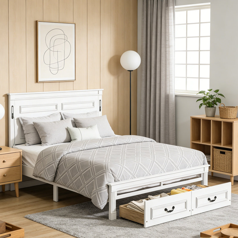 Queen Size Pinewood Bed With Tall-Panel Headboard & Footboard, 2 Storage Drawers, LED Lights & USB Charging, Walnut, White